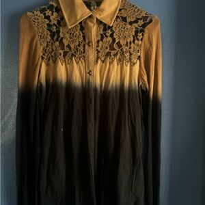 BKE Brown Ombre Lace Button Down Shirt